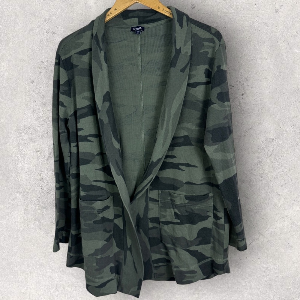 Splendid Camouflage Loungewear Waffle Knit Open Cardigan Green Sz Large Bohemian